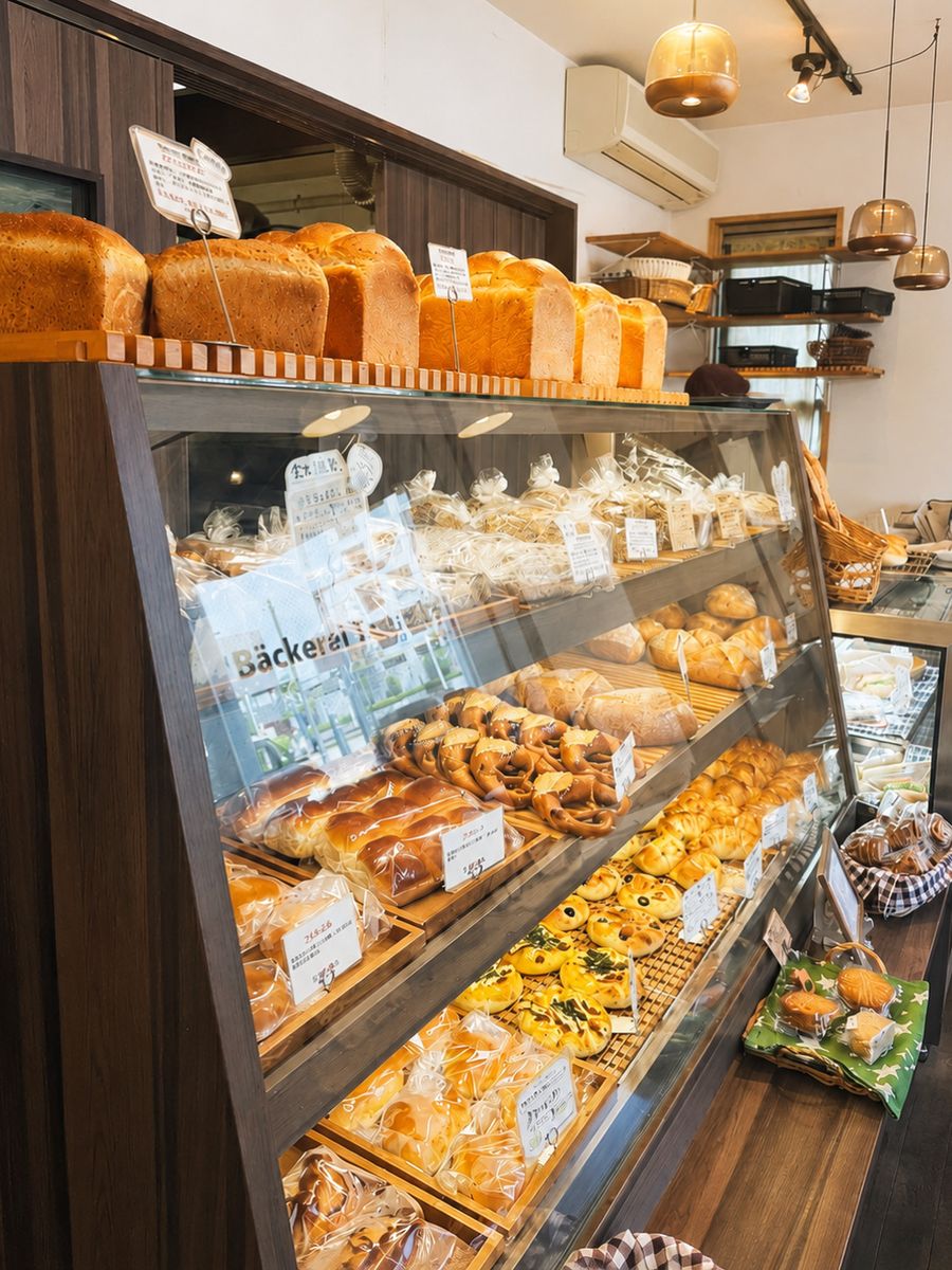 ベッカライテルタケの店内ショーケース — 食パン、ブレッツェル、菓子パンが並ぶ明るい店内(埼玉県ふじみ野市のドイツパン専門店)